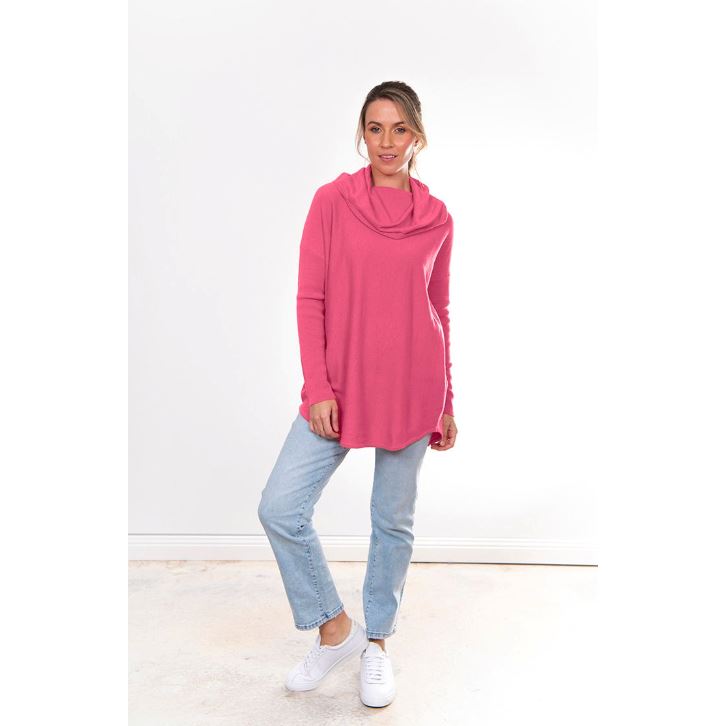 BRIDGE AND LORD KYLIE ESSENTIAL CURVED HEM COWL NECK WOOLSTATION - CLOTHING BRIDGE AND LORD L PINK ROSE 