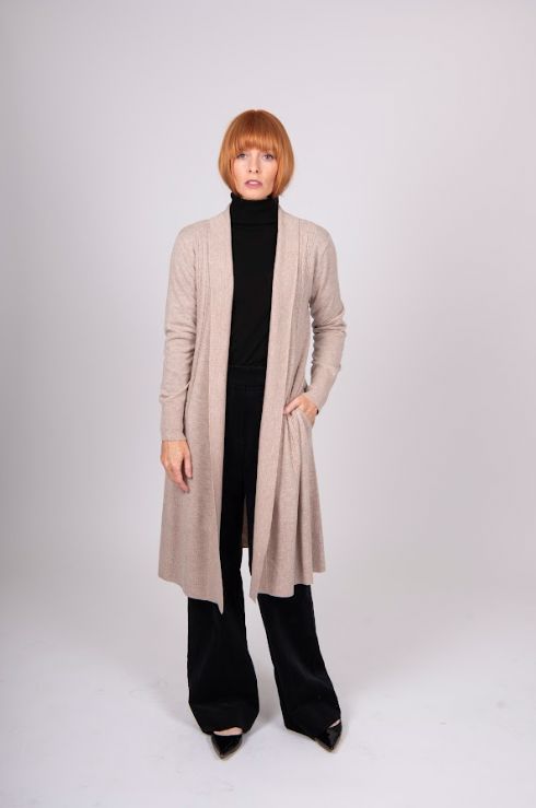 BRIDGE AND LORD LONGLINE CABLE AND RIB TRIM CARDIGAN WOOLSTATION - CLOTHING BRIDGE AND LORD L OATMEAL 