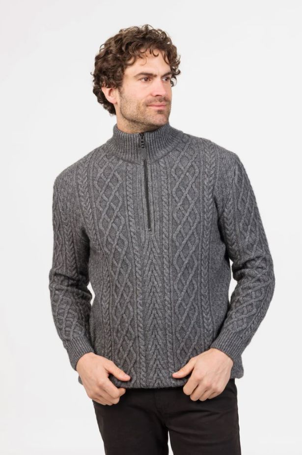 NATIVE WORLD MENS ARRAN HALF ZIP SWEATER WOOLSTATION - CLOTHING MKM 