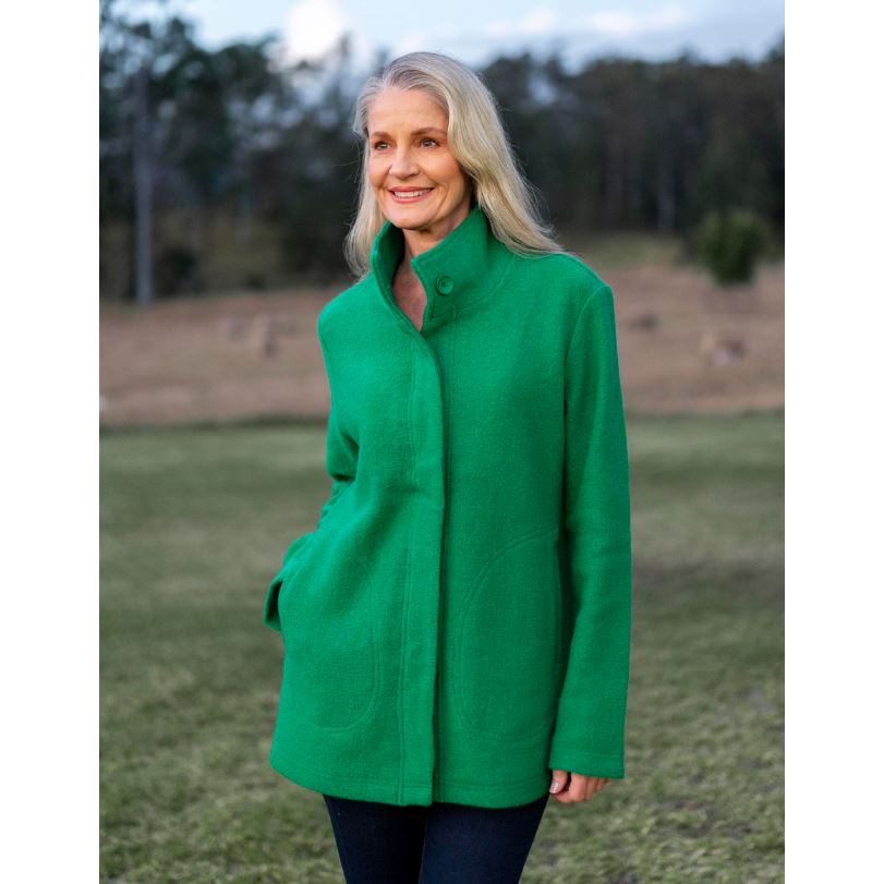 SEE SAW 100% BOILED WOOL FUNNEL NECK COAT WOOLSTATION - CLOTHING SEE SAW L EMERALD 