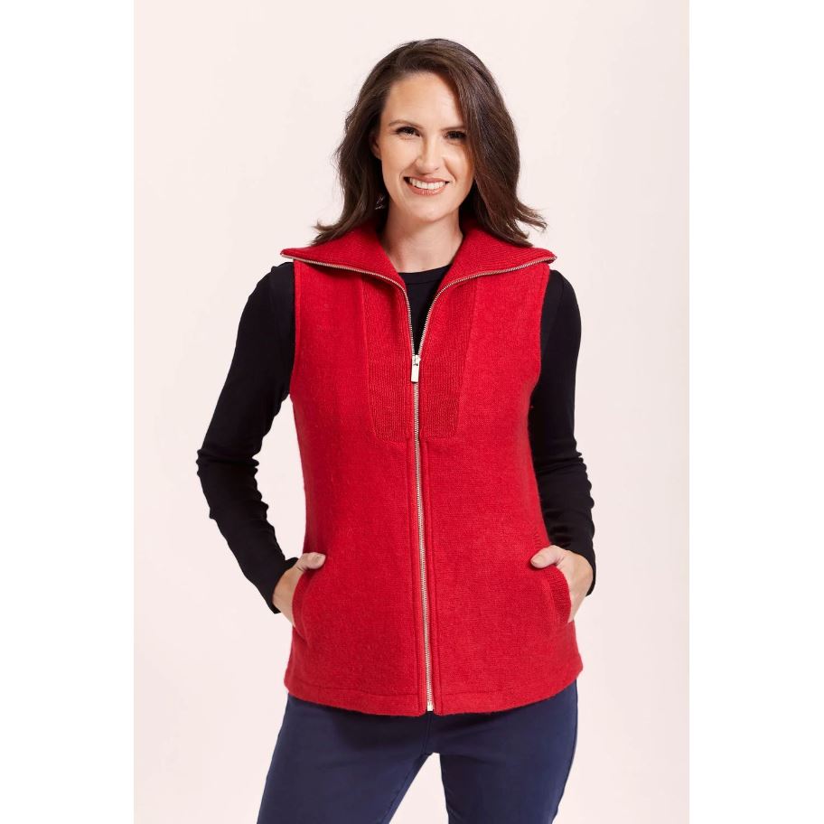 SEE SAW 100% BOILED WOOL RIB COLLAR ZIP FRONT VEST WOOLSTATION - CLOTHING SEE SAW L RED 