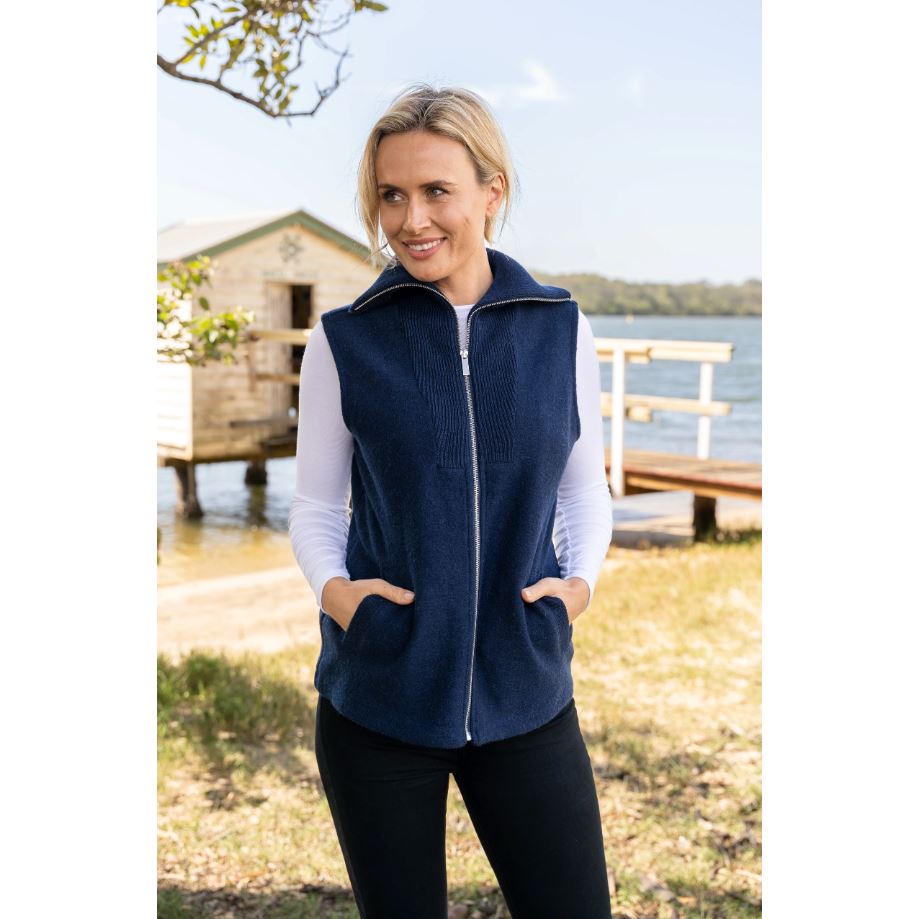 SEE SAW 100% BOILED WOOL RIB COLLAR ZIP FRONT VEST WOOLSTATION - CLOTHING SEE SAW M NAVY 