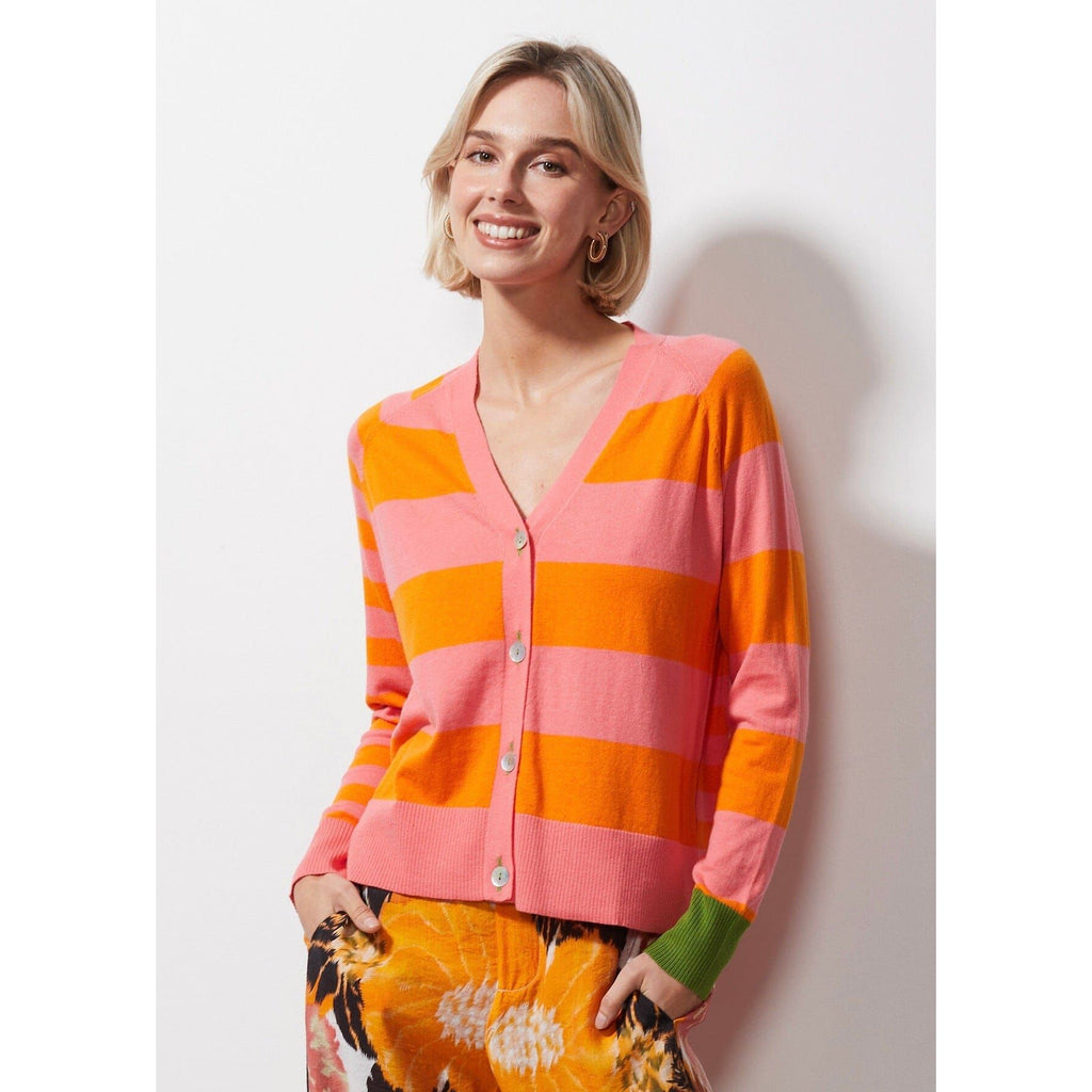 ZAKET AND PLOVER MULTI STRIPE CARDI WOOLSTATION - CLOTHING Williams Woolshed L FLAMINGO 